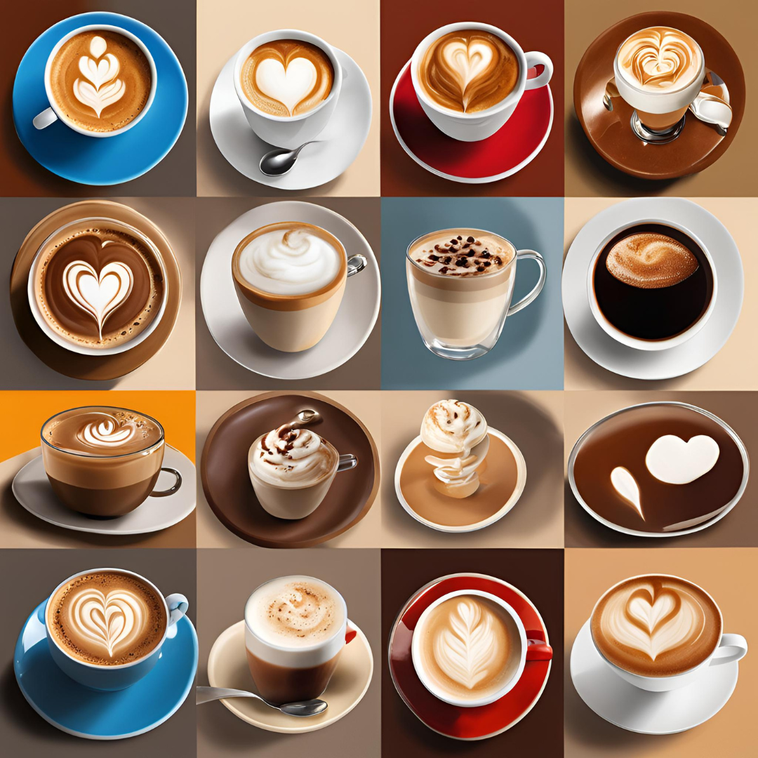 Un montage de plusieurs boissons présentées dans l'article (cappuccino, latte, mocha, macchiato, flat white) sur une même table, offrant une vue d'ensemble alléchante