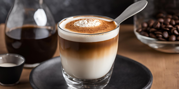 Un petit macchiato dans une tasse en verre, montrant l'espresso foncé avec une petite couche de mousse de lait sur le dessus