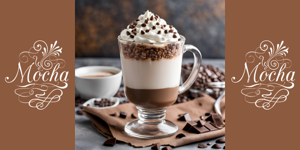 Mocha dans une tasse transparente avec une généreuse couche de crème fouettée sur le dessus, saupoudrée de cacao ou de copeaux de chocolat